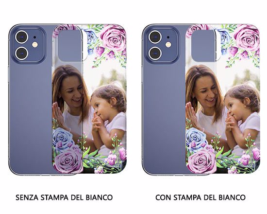 Cover personalizzata in silicone trasparente. Effetto con e senza l'opzione del bianco