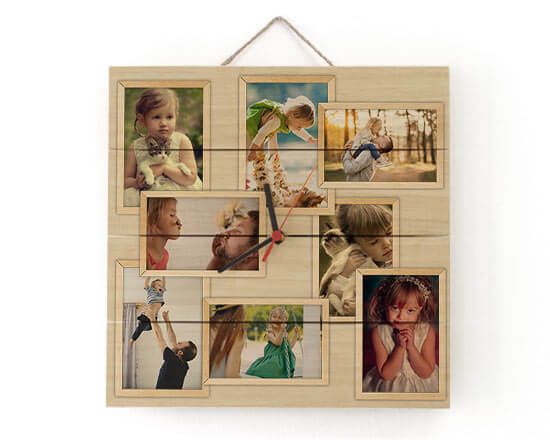 crea collage di foto da stampare su orologio in legno