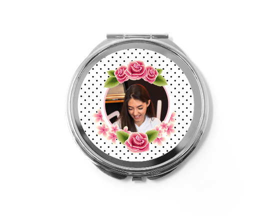 Specchietto tondo con foto e grafica rose e pois neri