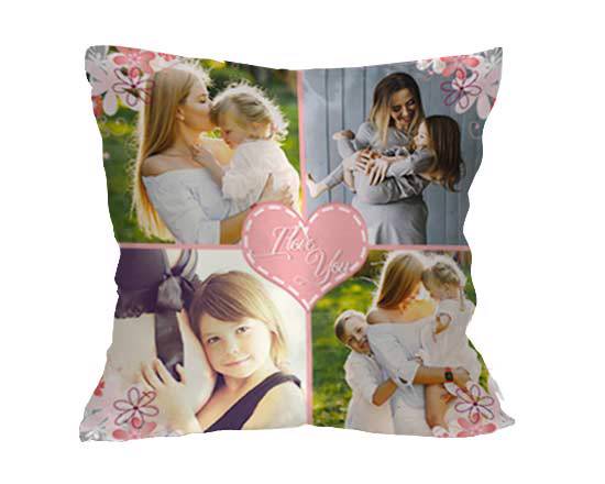 Cuscino personalizzato con grafica collage e cuore rosa