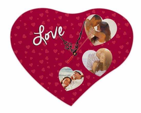 Orologio cuore legno 36x30 con grafica per San Valentino da personalizzare con 3 foto