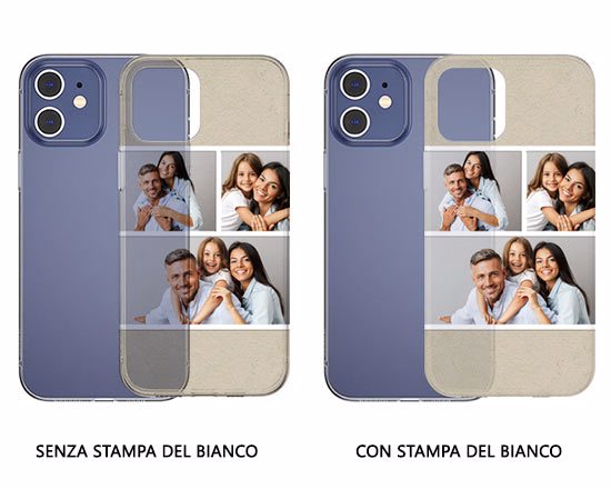 Cover per iphone 12 in silicone trasparente. Scegli se stamparla con o senza l'opzione del bianco