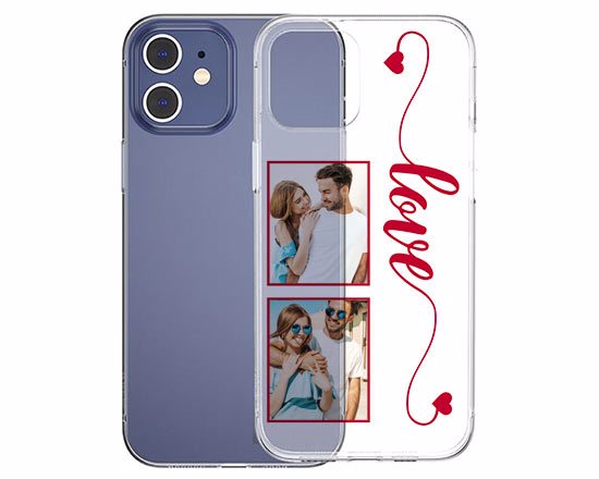 Cover in silicone trasparente, per iPhone 12. personalizzala con questa grafica romantica e due foto