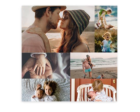 i tuoi momenti più belli in un collage di immagini per personalizzare una federa quadrata per cuscino