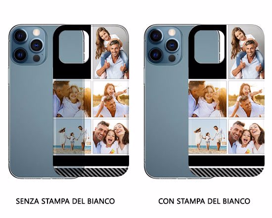 Scegli se stampare il tuo collage sulla cover per iPhone 12 Pro, con o senza stampa del bianco