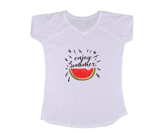 T-shirt scollo a V  donna con grafica con scritta e anguria