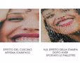 Dettaglio dell'effetto delle paillettes sul cuscino, dopo essere state spostate