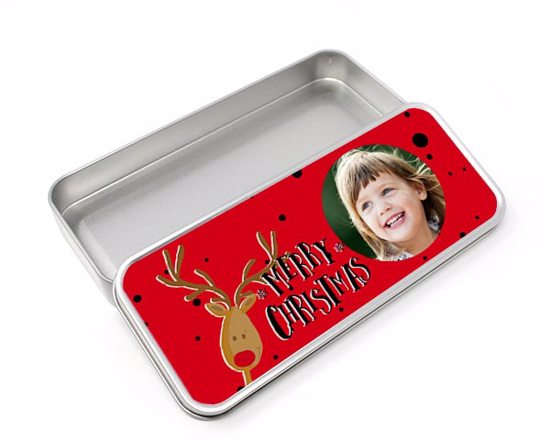 Scatola in metallo con coperchio personalizzato con grafica di Natale