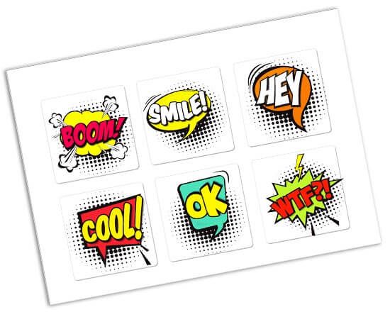 Adesivi quadrati tutti diversi con grafiche pop art