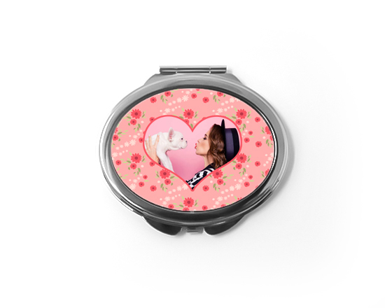 Specchietto ovale con foto e grafica fiori rossi