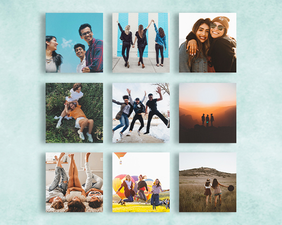 Composizione di 9 quadri di foto su legno