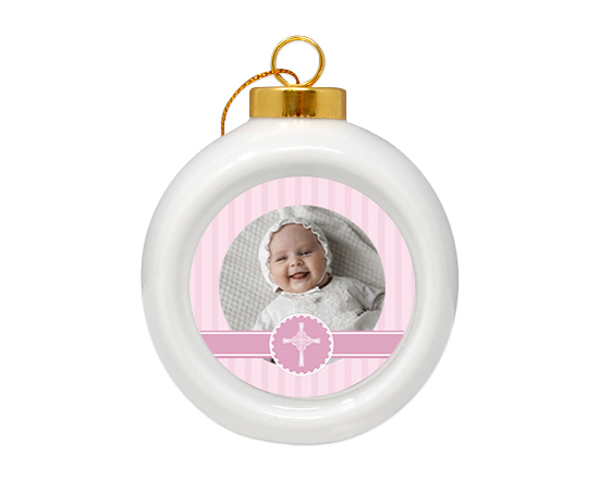 Pallina di Natale in ceramica Battesimo rosa