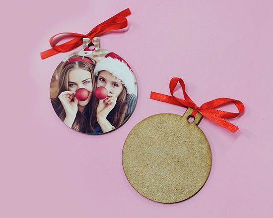 Decorazione natalizia tonda con foto e particolare retro