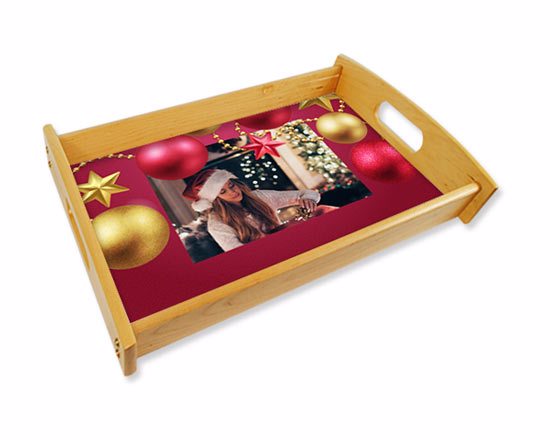 Vassoio personalizzato small legno naturale con grafica palle di Natale