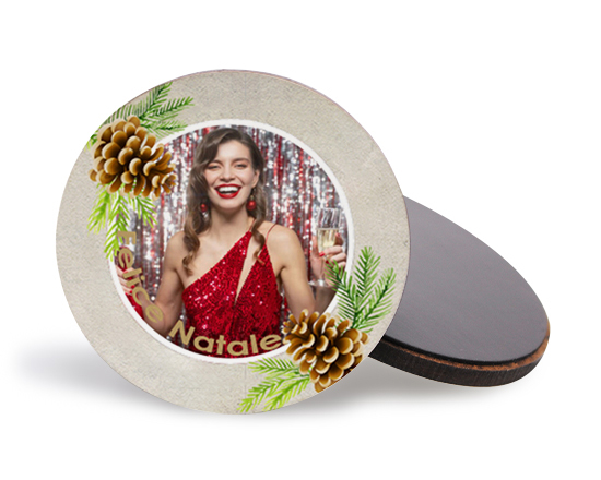 Calamita tonda in legno con foto e grafica Pine cone