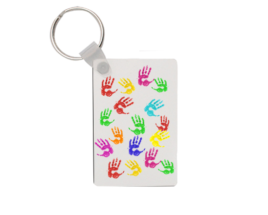 portachiavi rettangolare in legno per maestra con grafica con mani colorate