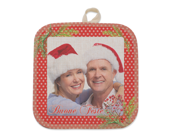 Presina con foto in juta con grafica Natale buone feste