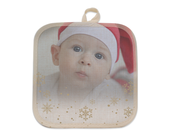 Presina con foto in juta con grafica Natale e fiocchi dorati