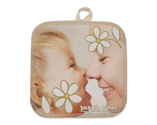Presina con foto in juta con grafica mamma e margherite