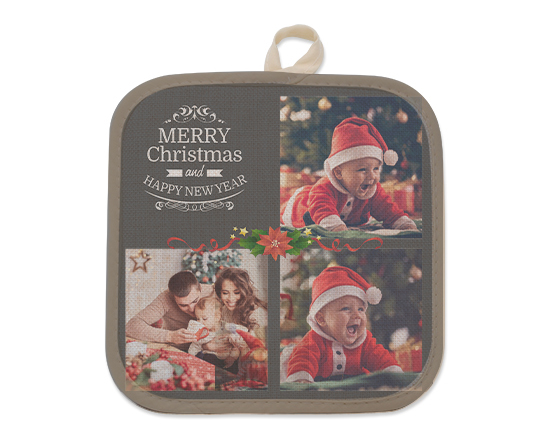 Presina con foto in juta con grafica Merry Christmas e collage 3 foto