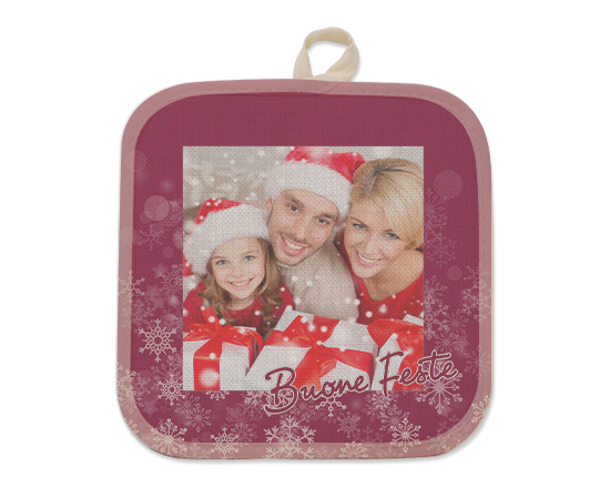 Presina con foto in juta con grafica Natale buone feste bordeaux