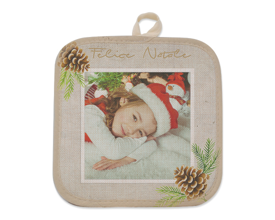 Presina con foto in juta con grafica Natale e pigne