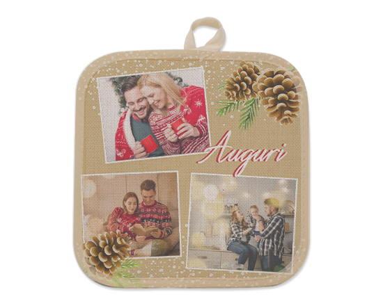 Presina con foto in juta con grafica Natale e pigne con fondo dorato e collage 3 foto