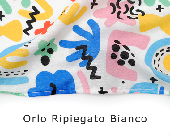 Stampa su lino sintetico con orlo ripiegato bianco