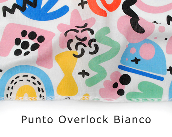 Stampa su lino sintetico con punto overlock bianco