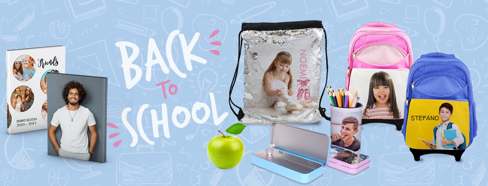Diari, agende, zaini, quaderni, portapenne, tutti gli accessori per la scuola, personalizzati con foto, immagini, disegni, personaggi di tendenza.