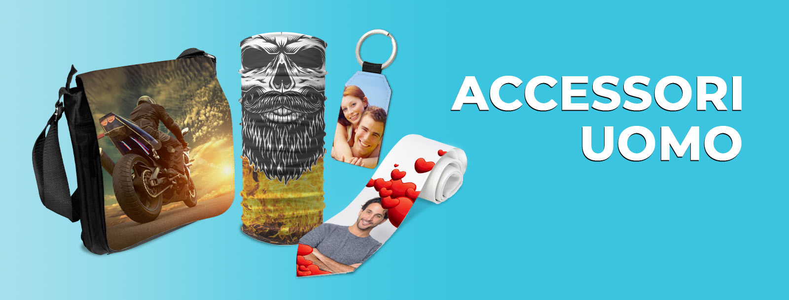 Portachiavi, portafogli, tracolle, cravatte, bandane, tutti gli accessori moda per uomo, personalizzati con foto, immagini, texture o testi per un look fashion, elegante o informale.