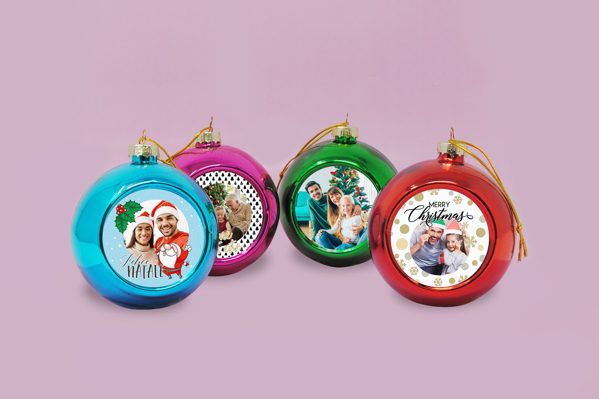 palline di Natale in vetro colorato personalizzate con foto e grafiche