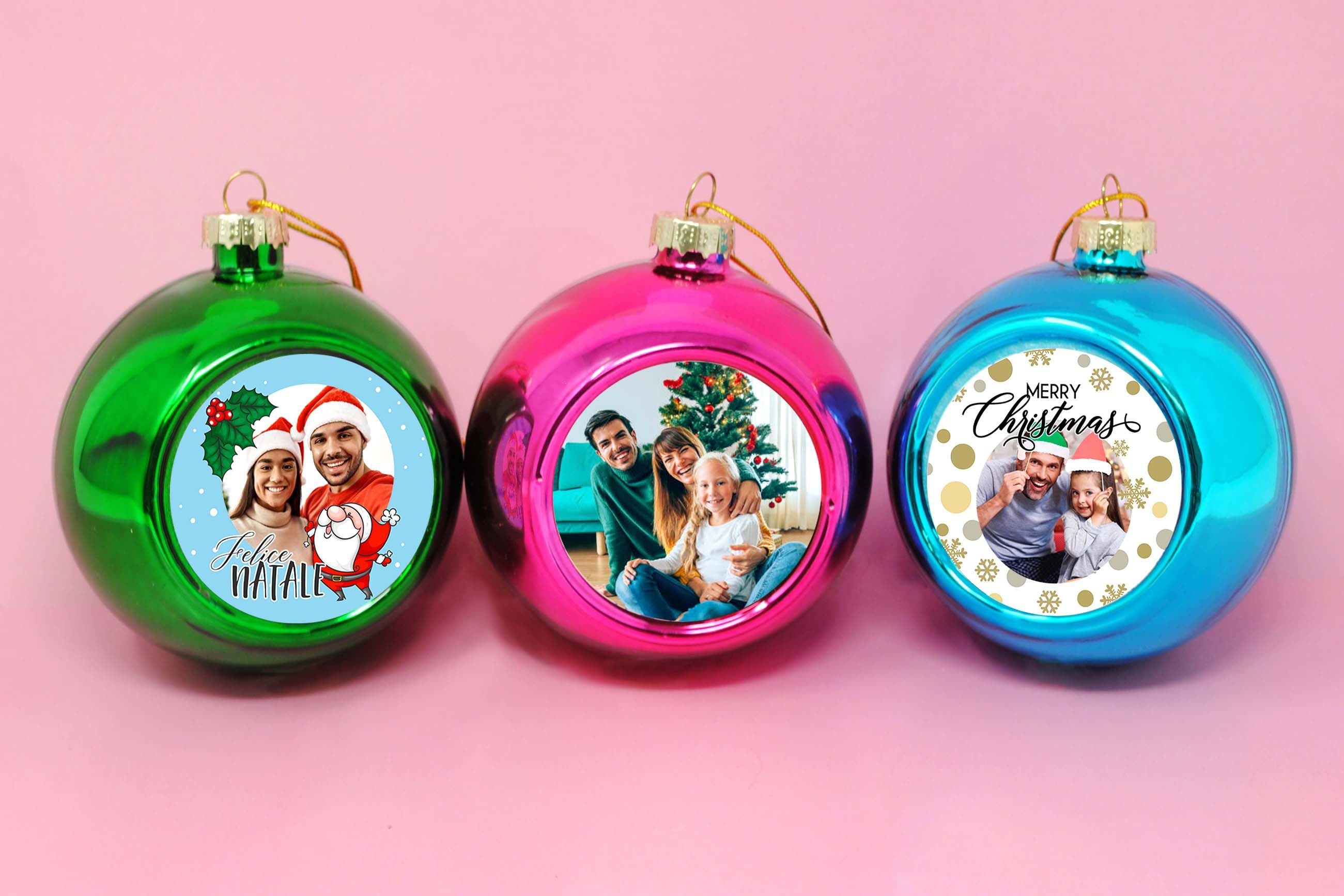 palline di Natale in vetro colorato personalizzate con foto e grafiche