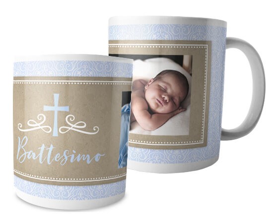 Tazza per il battesimo con grafica celeste