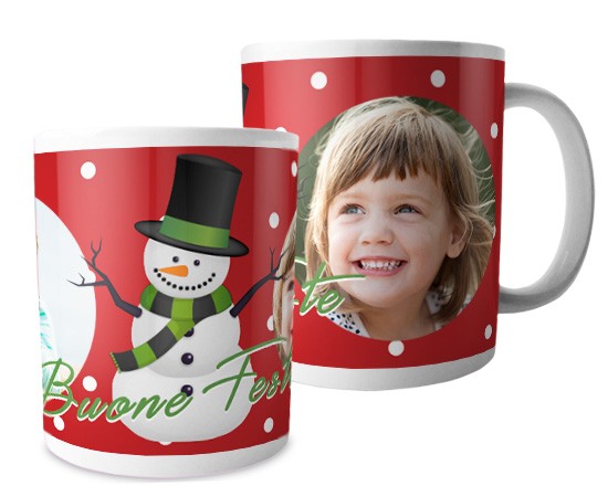 Tazza con pupazzo di neve e pois bianchi