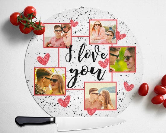 Tagliere in vetro rotondo con grafica collage
