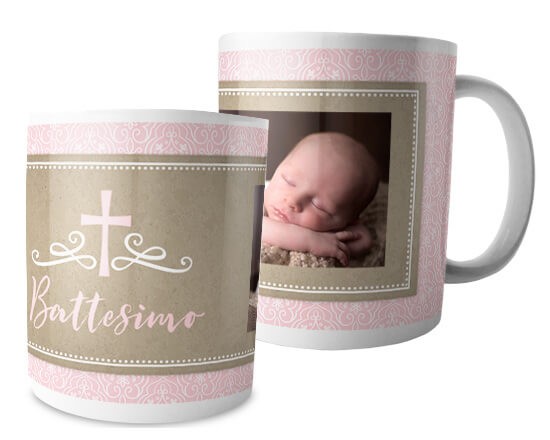 Tazza con grafica rosa per il battesimo