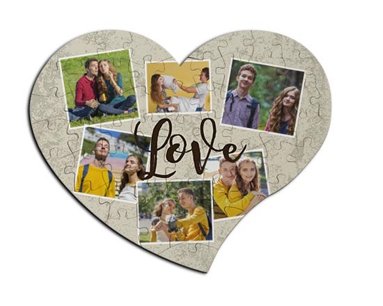 puzzle in masonite a cuore con grafica collage