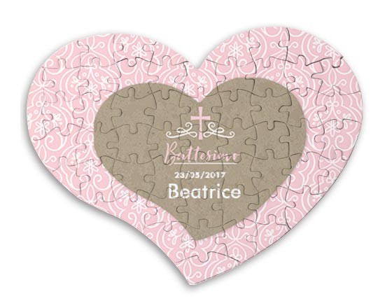 Puzzle a cuore per il battesimo nel colore rosa