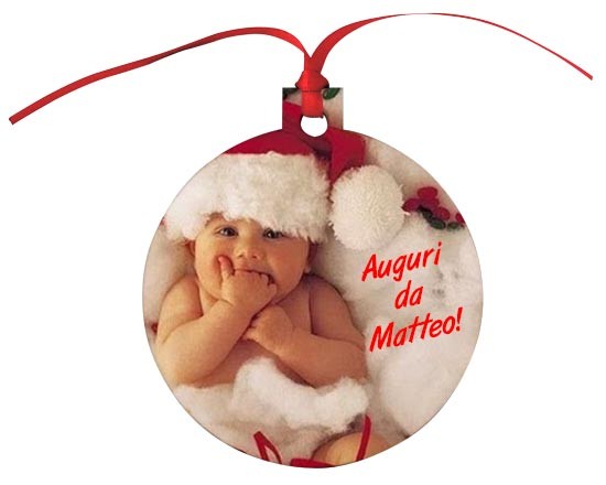 decorazione natalizia in masonite a forma di cerchio con foto di bambino