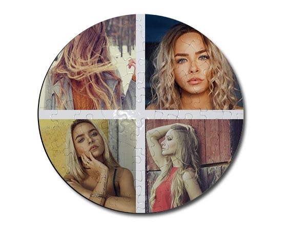 Collage di foto e testo su un puzzle rotondo personalizzato