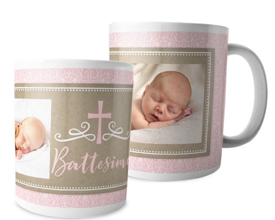 Tazza con grafica rosa per il battesimo