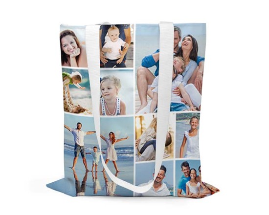 Borsa Shopping collage con stampa e testo, realizzata artigianalmente nei nostri laboratori.
