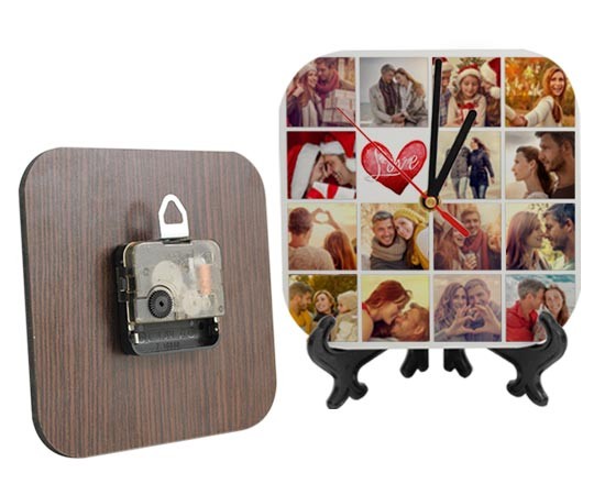 orologio in legno con grafica collage