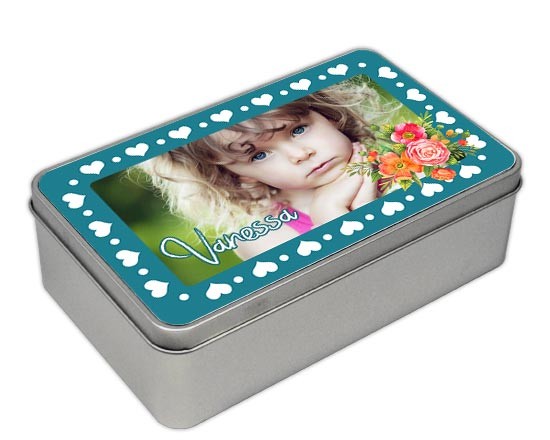 Scatola di latta rettangolare Blue Shabby hearts