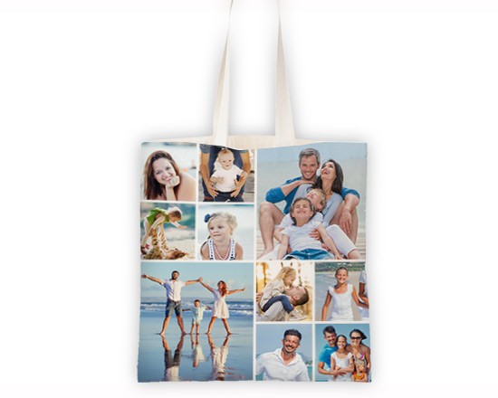 Borsa Shopping collage con stampa e testo, realizzata artigianalmente nei nostri laboratori.