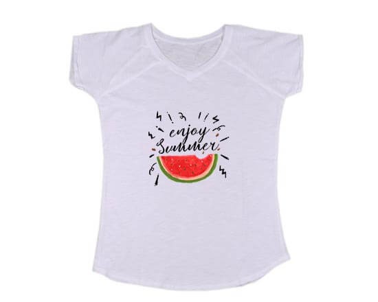 T-shirt scollo a V donna con grafica con scritta e anguria